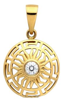 Elegancka złota zawieszka damska z ażurowym wzorem i cyrkonią. Okrągły wisiorek z modnym motywem greckim, idealny na prezent. Żółte złoto.1.jpg